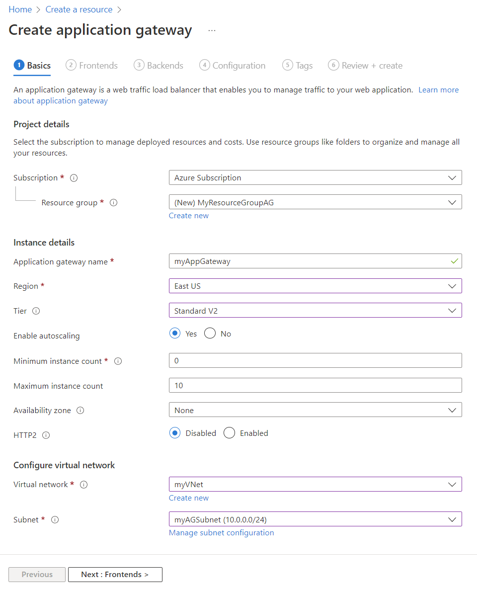 Screenshot: Registerkarte „Basics“ der Seite „Anwendungsgateway erstellen“.