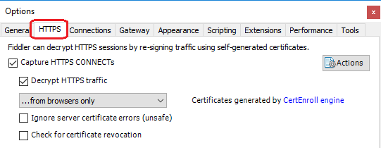 Ein Screenshot, der „Optionen“ in Fiddler mit ausgewähltem H T T P und Datenverkehr durch „HTTPS-Datenverkehr entschlüsseln“ zeigt.