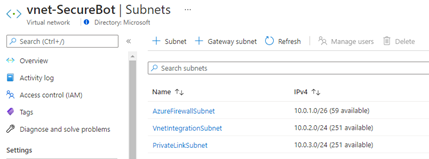 Screenshot des vnet-SecureBot-Bereichs „Subnetze“.