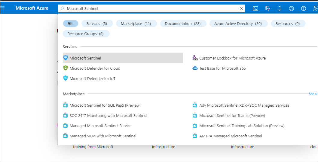 Suchen im Azure-Portal nach dem Begriff „Microsoft Sentinel“ 