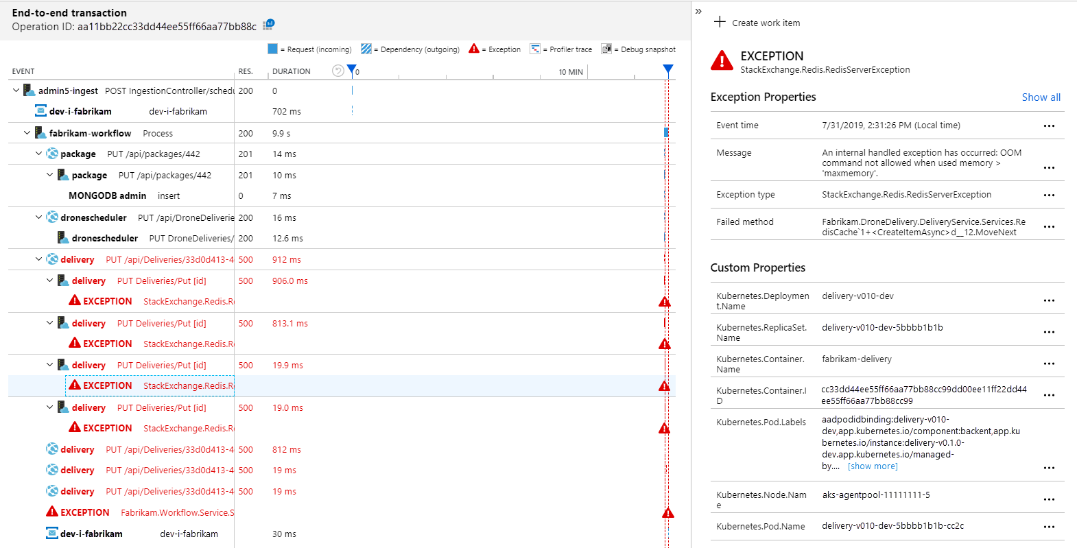 Screenshot der Ansicht der End-to-End-Transaktion