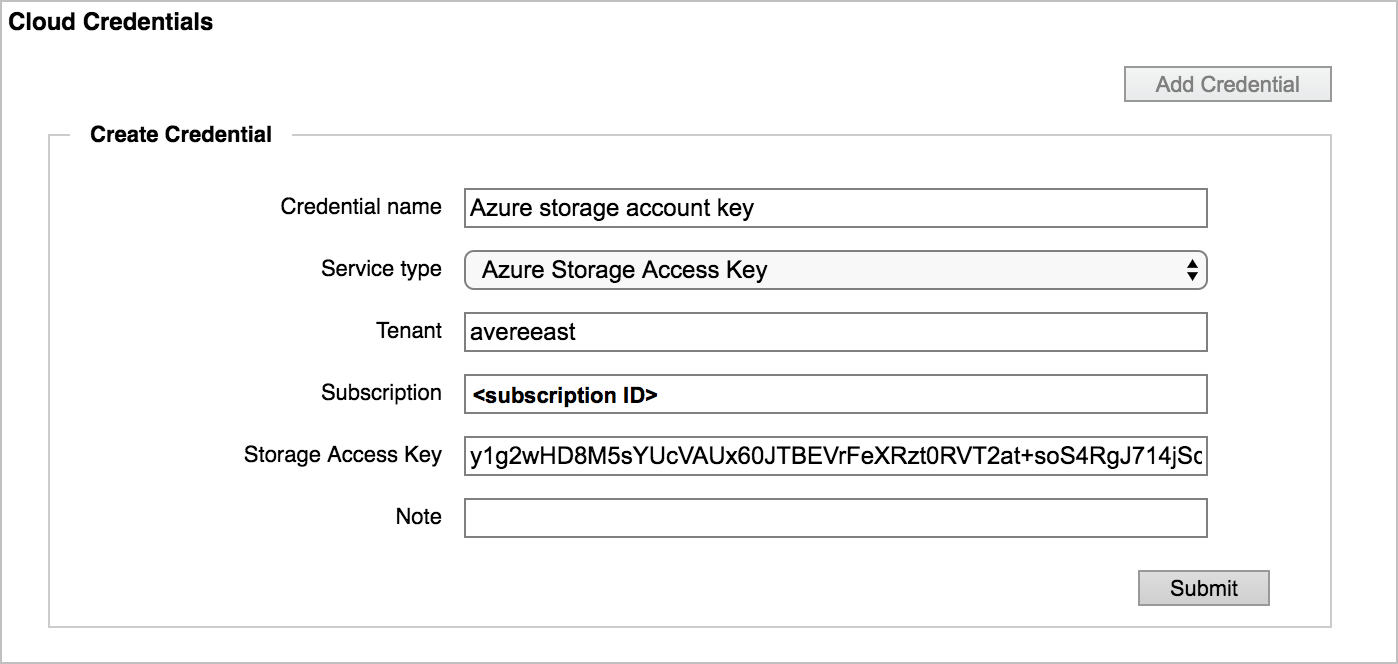 Vervollständigtes Formular für Cloudanmeldeinformationen in der Avere-Systemsteuerung