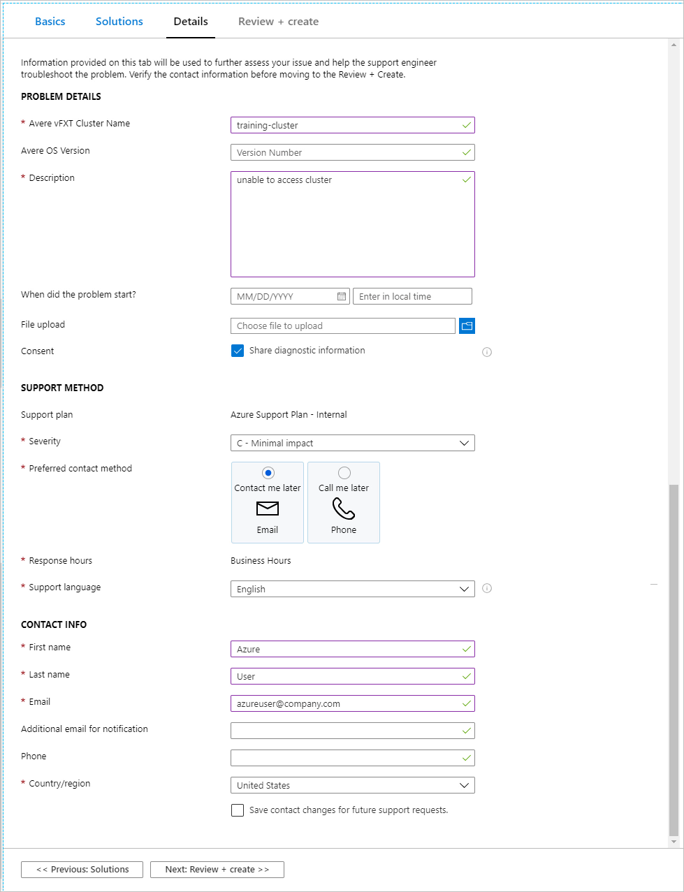 Screenshot des Bildschirms „Neue Supportanfrage“ mit ausgewählter Registerkarte „Details“. Informationsfelder sind in die Kategorien „Problemdetails“, „Supportmethode“ und „Kontaktinformationen“ unterteilt.