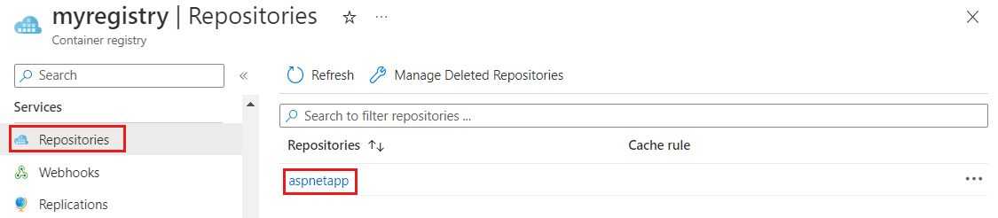 Screenshot der Azure-Plattform mit einem Repository in Azure Container Registries.