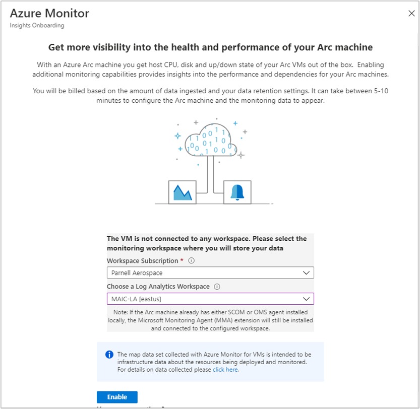 Screenshot des Insights Onboarding-Bildschirms mit Schaltfläche zum Aktivieren von VM Insights.