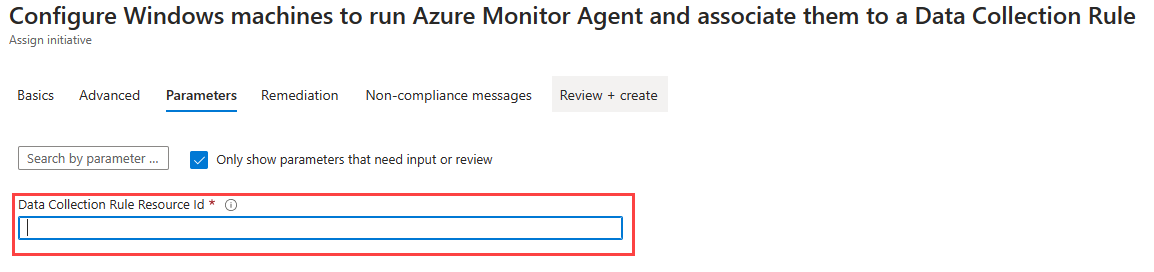 Screenshot der Registerkarte „Parameter“ im Dialogfeld „Windows-Computer konfigurieren“ mit Hervorhebung des Felds „Ressourcen-ID der Datensammlungsregel“.