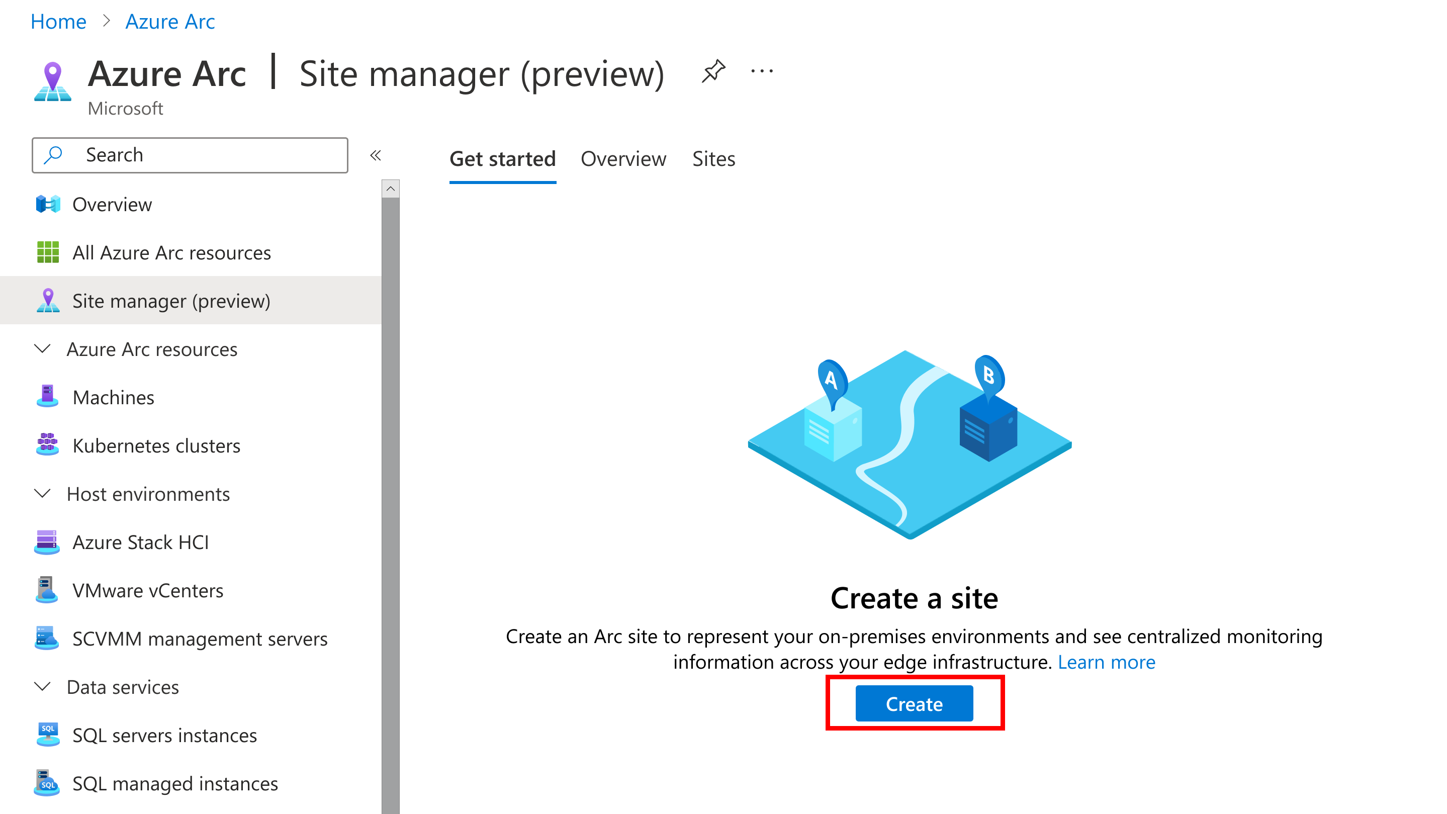 Screenshot: Erstellen einer Site über die Übersicht des Website-Managers