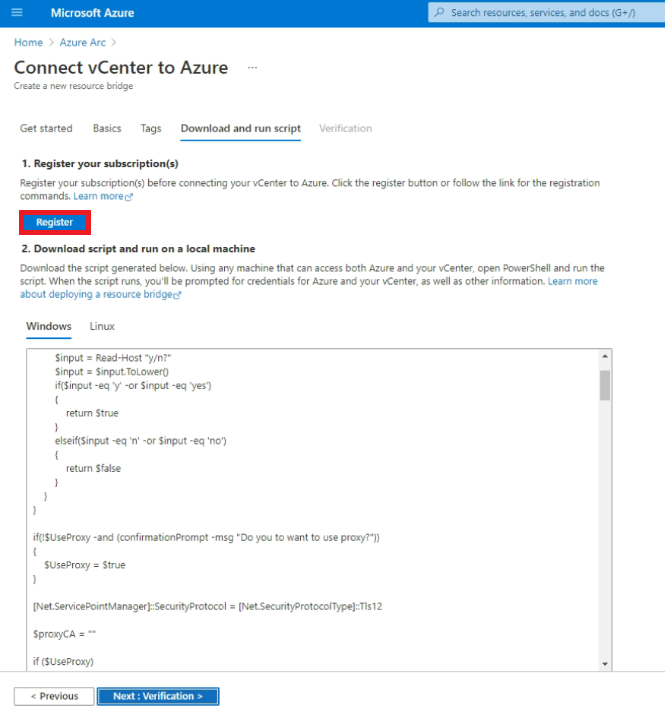 Screenshot der Schaltfläche zum Registrieren der erforderlichen Ressourcenanbieter während des vCenter-Onboardings in Azure Arc.