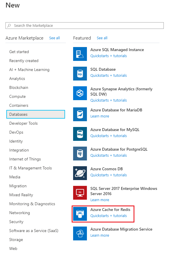 Screenshot: Azure Cache for Redis ist als neuer Datenbanktyp ausgewählt.