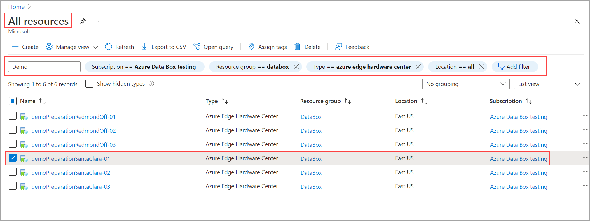 Screenshot der Auswahl der Bestellung aus der Liste der Edge Hardware Center-Bestellungen