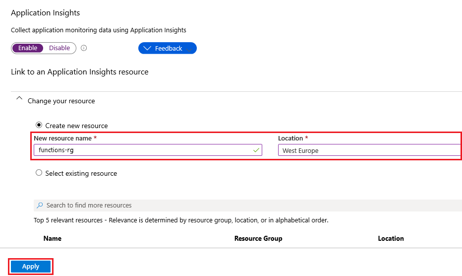 Screenshot: Erstellen einer Application Insights-Ressource