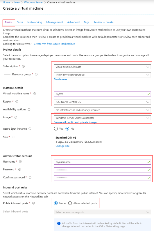 Registerkarte „Grundeinstellungen“ für einen neuen virtuellen Windows-Computer