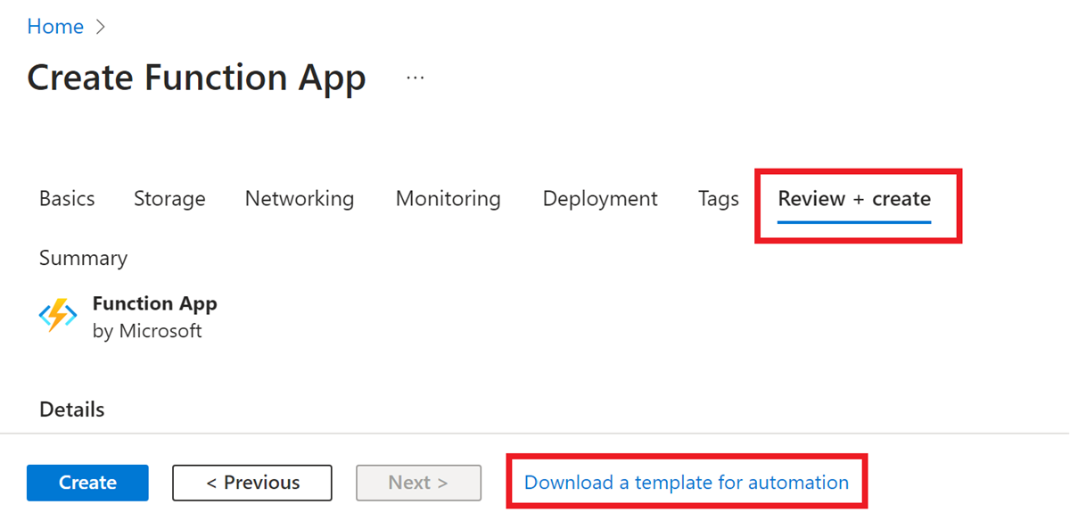 Laden Sie den Vorlagenlink aus dem Azure Functions-Erstellungsprozess im Azure-Portal herunter.