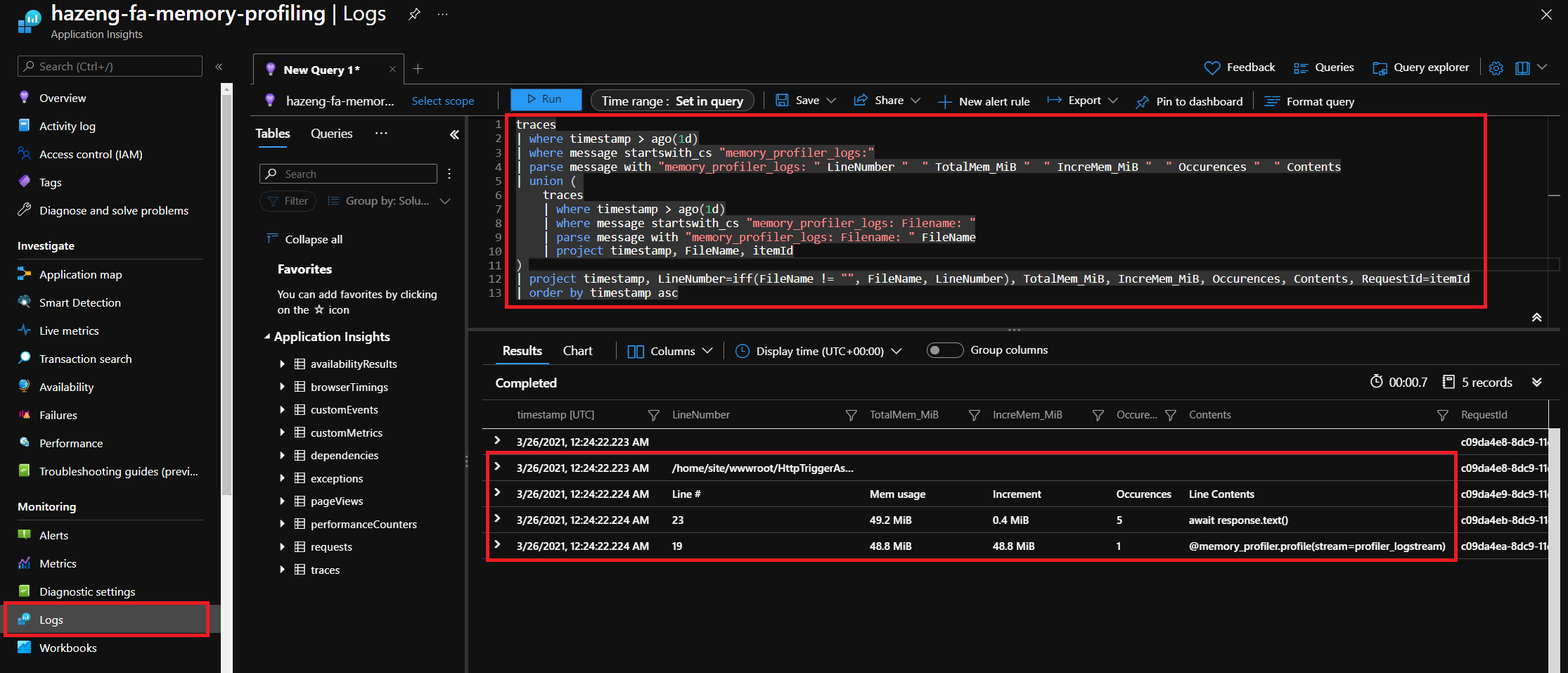 Screenshot von Abfragen der Speicherauslastung einer Python-App in Application Insights.