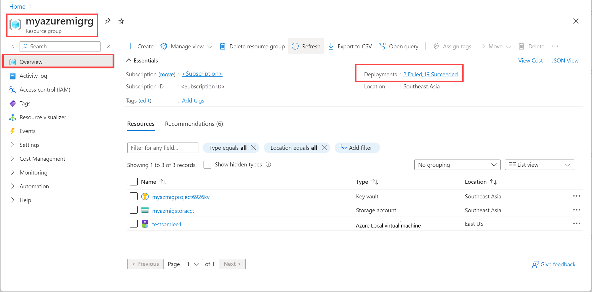 Screenshot: Übersicht über die Azure Migrate-Projektressourcengruppe > in Azure-Portal.