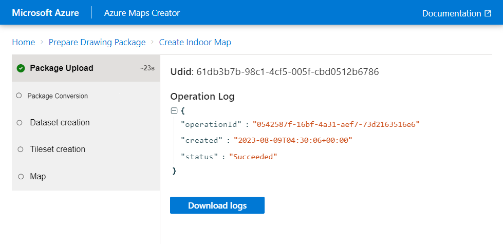 Screenshot zeigt den Bildschirm „Paket hochladen“ des Azure Maps Creator-Onboardingtools.