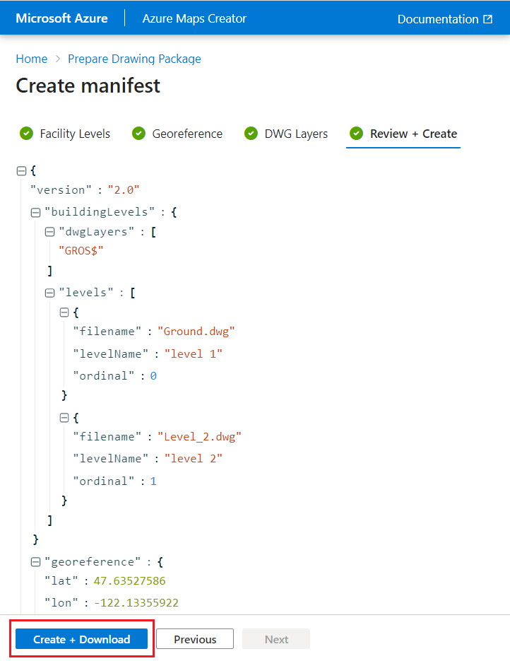 Screenshot zeigt den Bildschirm „Überprüfen + Erstellen“ des Azure Maps Creator-Onboardingtools mit der hervorgehobenen Schaltfläche „Erstellen + Herunterladen“.