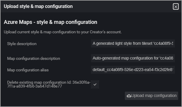 Screenshot des Dialogfelds „Stil- und Kartenkonfiguration hochladen“ im visuellen Stil-Editor.