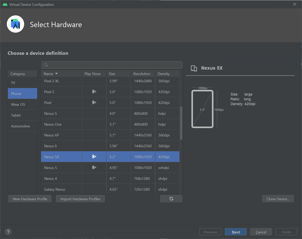 Ein Screenshot, der den Bildschirm Hardware auswählen im Android Virtual Geräte-Manager beim Erstellen eines neuen virtuellen Geräts zeigt.