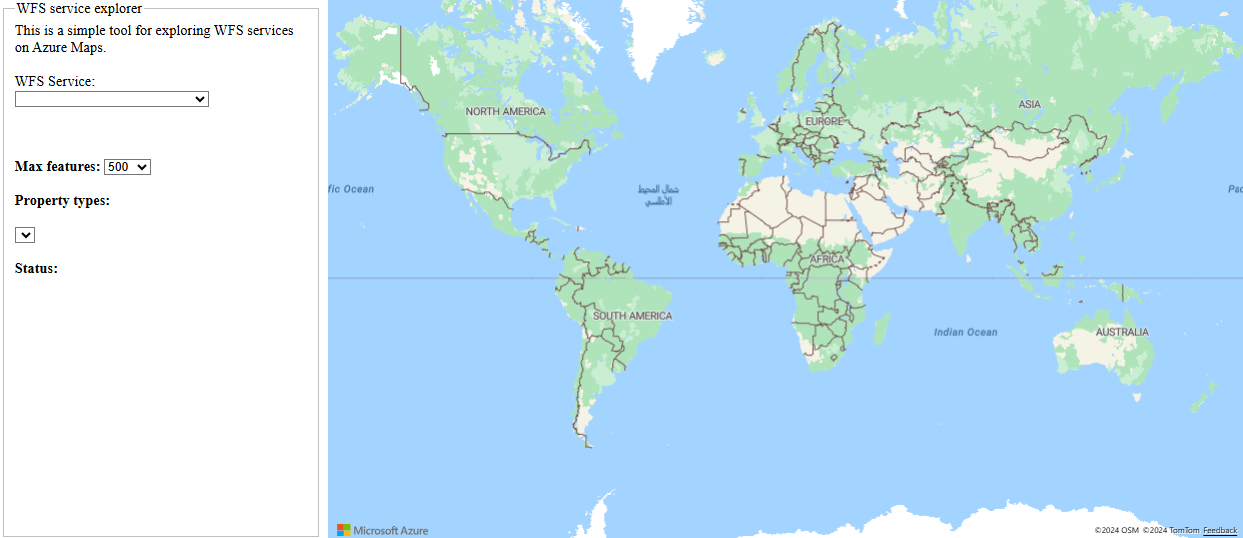 Screenshot eines einfachen Tools zum Untersuchen von WFS-Diensten in Azure Maps.