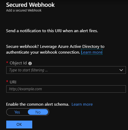 Screenshot: Dialogfeld „Sicherer Webhook“ im Azure-Portal mit dem Feld „Objekt-ID“