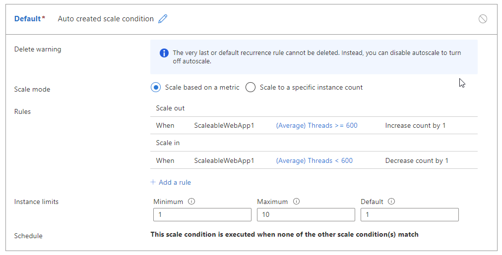 Screenshot: Regeln für Autoskalierung mit Aufskalierung, wenn die Threadanzahl größer oder gleich 600 ist, und Abskalierung, wenn die Threadanzahl kleiner als 600 ist.