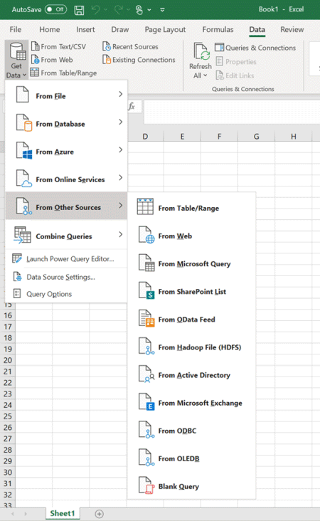 Excel-Option zum Import aus leerer Abfrage