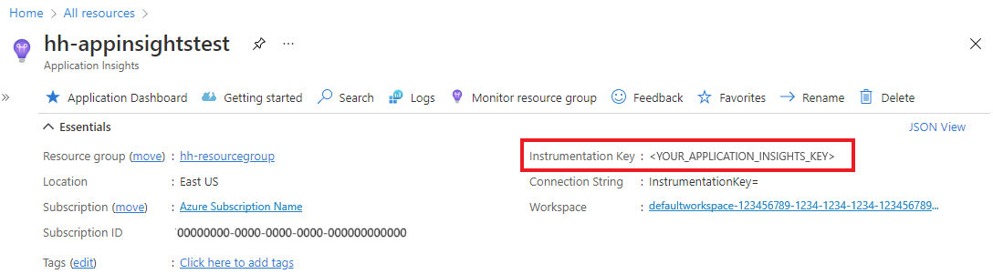 Screenshot zeigt das Suchen des Instrumentierungsschlüssels im Azure-Portal.