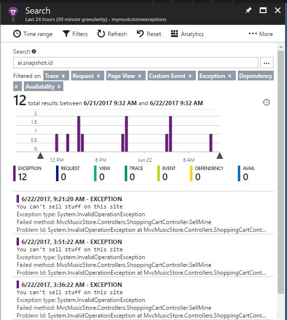 Screenshot: Suche nach Telemetrie mit einer Momentaufnahme-ID im Portal