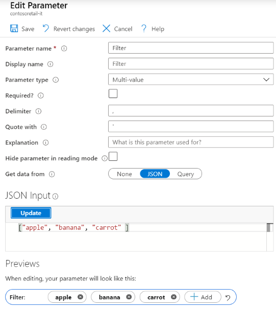 Screenshot, der die Erstellung eines dynamischen Dropdownparameters in einer Arbeitsmappe zeigt.