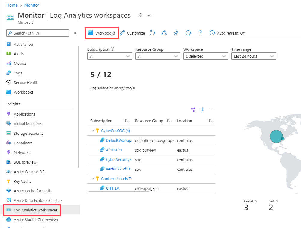 Screenshot von „Arbeitsmappen“ auf der Seite „Log Analytics-Arbeitsbereiche“.