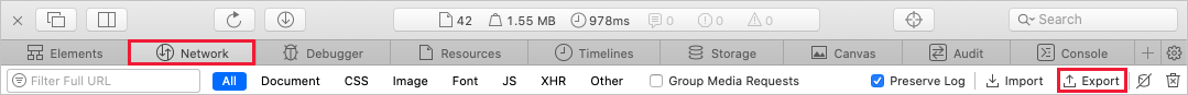 Screenshot des Befehls „Exportieren“ auf der Registerkarte „Netzwerk“ in Safari.