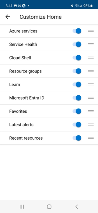 Screenshot des Anpassungsbildschirms für den Startbildschirm der mobilen Azure-App