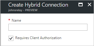 Ein Dialogfeld mit der Bezeichnung „Hybridverbindung erstellen“ enthält das Textfeld „Name“ und das aktivierte Kontrollkästchen „Requires Client Authentication“ (Clientauthentifizierung erforderlich).