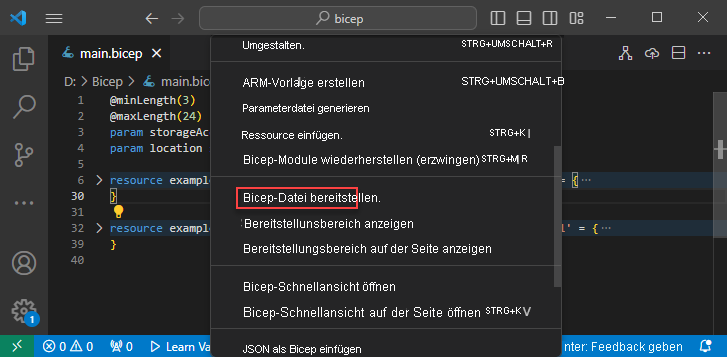 Screenshot: Bereitstellen der Bicep-Datei