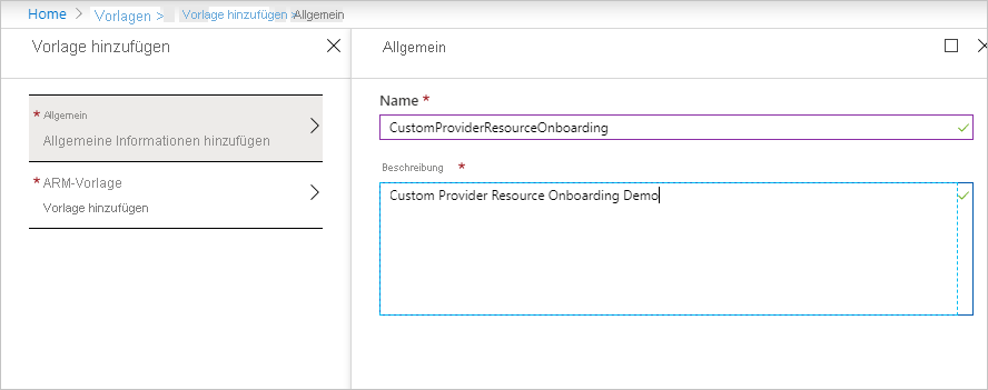 Screenshot: Abschnitt „Allgemein“ im Azure-Portal, wo ein Namen und eine Beschreibung für die neue Vorlage eingegeben wird