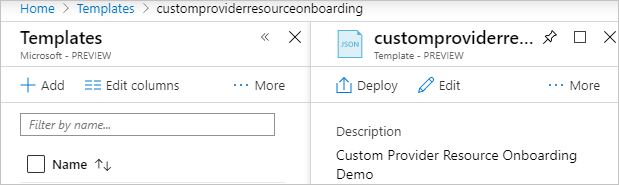 Screenshot: Azure-Portal mit der neu erstellten Vorlage und hervorgehobener Schaltfläche „Bereitstellen“