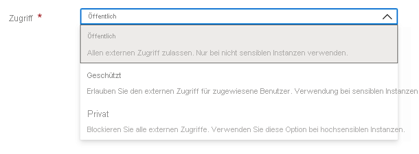 Screenshot: Benutzeroberflächenelement „Microsoft.Common.DropDown“ mit aktivierter Einzelauswahl und Elementbeschreibungen