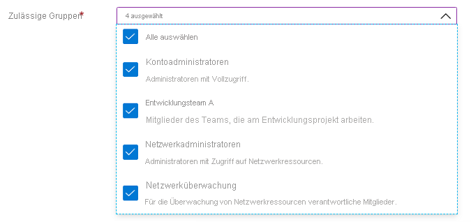 Screenshot: Benutzeroberflächenelement „Microsoft.Common.DropDown“ mit aktivierter Mehrfachauswahl und Elementbeschreibungen