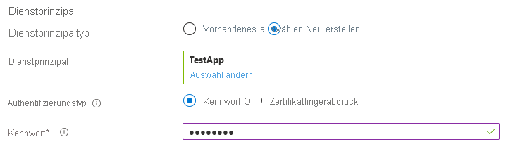 Screenshot: Authentifizierungsoptionen für „Microsoft.Common.ServicePrincipalSelector“ nach dem Registrieren einer neuen Anwendung