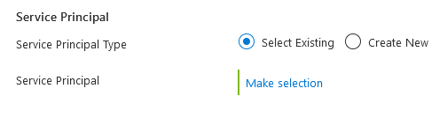 Screenshot: „Microsoft.Common.ServicePrincipalSelector“ mit Option zum Auswählen einer vorhandenen Anwendung und Authentifizierungstyp