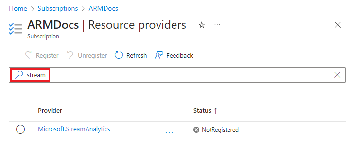 Screenshot: Suchen von Ressourcenanbietern im Azure-Portal