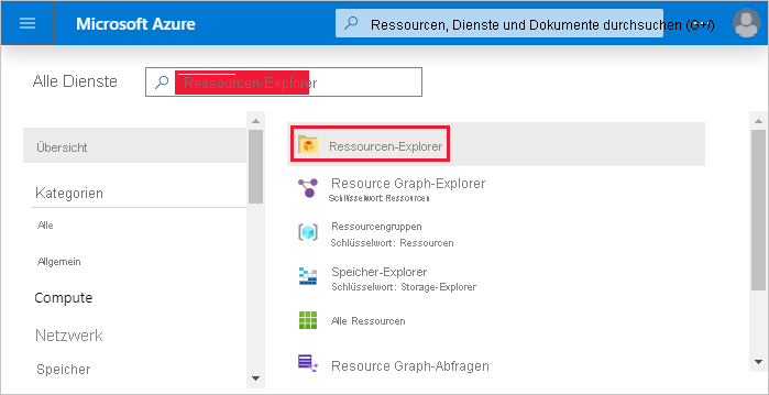 Screenshot: Auswählen von „Alle Dienste“ im Azure-Portal, um auf den Azure-Ressourcen-Explorer zuzugreifen.