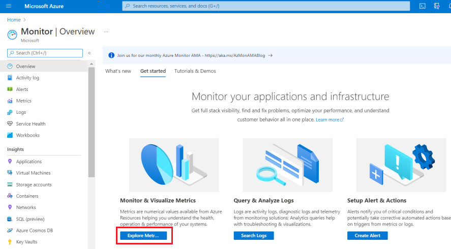 Screenshot: Navigieren zur Seite „Monitor“ im Azure-Portal, Option „Metriken erkunden“ hervorgehoben