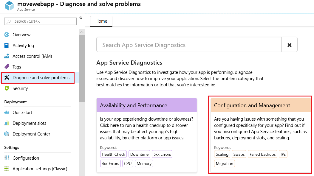 Screenshot des Abschnitts für Diagnose und Problembehandlung mit der aktivierten Option „Konfiguration und Verwaltung“.