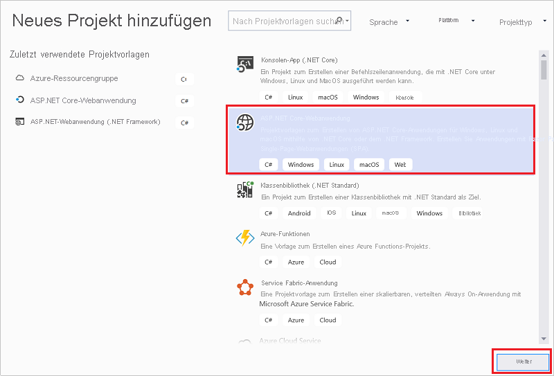 Screenshot des Fenster „Neues Projekt erstellen“, in dem die Azure-Ressourcengruppe und die Schaltfläche „Weiter“ hervorgehoben sind.