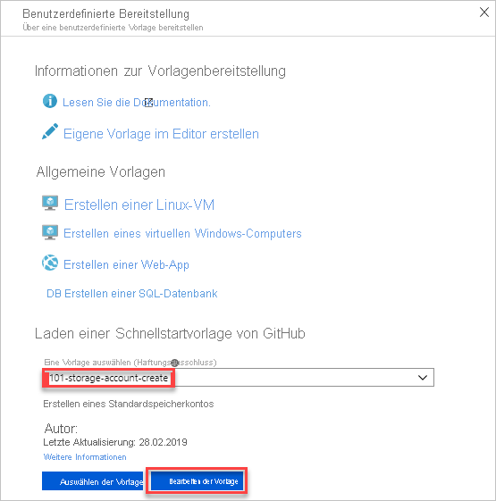 Screenshot der Erstellungsoptionen für eine Vorlage im Azure-Portal