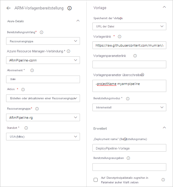 Screenshot of the ARM template deployment page with required values entered for Azure DevOps Azure Pipelines.