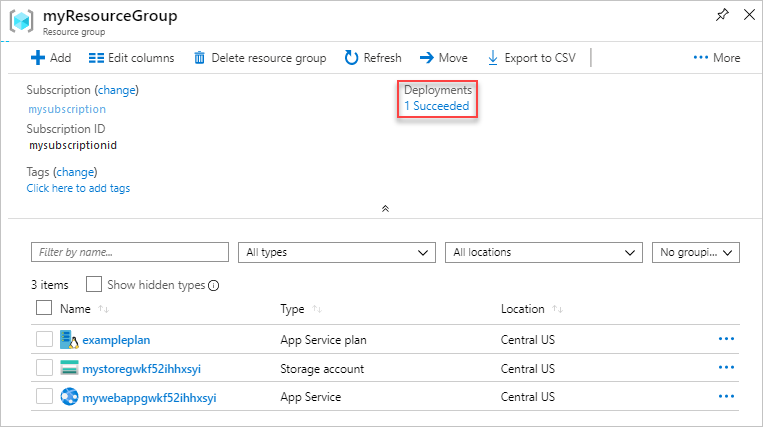 Screenshot der Auswahl des Bereitstellungsverlaufs im Azure-Portal.