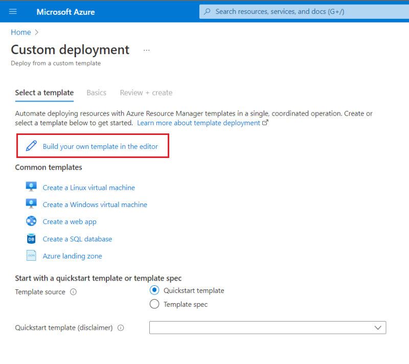 Screenshot: Option zum Erstellen einer eigenen Vorlage im Azure-Portal